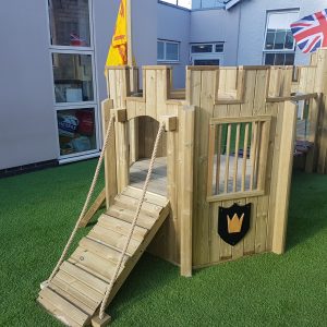 Custom designed timber adventure play structure with ramps and play panels