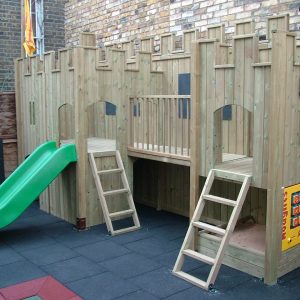 Mars Montessori linked timber adventure play structure with raised bridge slide ladders and activity panel