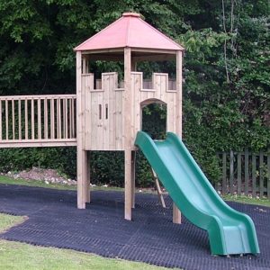 Playground Lookout timber play structure with roofed platform, ladder and slide