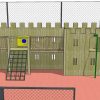 Front 3D proposal view for St Christopher's adventure play structure with firepole and scramble net