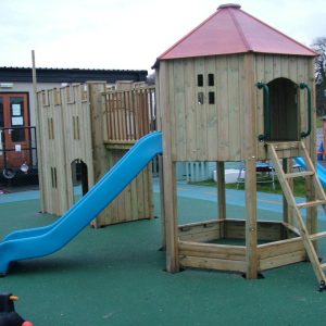 Sunbeam Nursery double adventure play with gatehouse climbing den bridge and slide