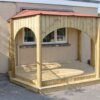 Covered timber performance stage with an arched frontage and open sides