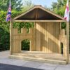 Covered playground stage with decorative side panels and arched openings
