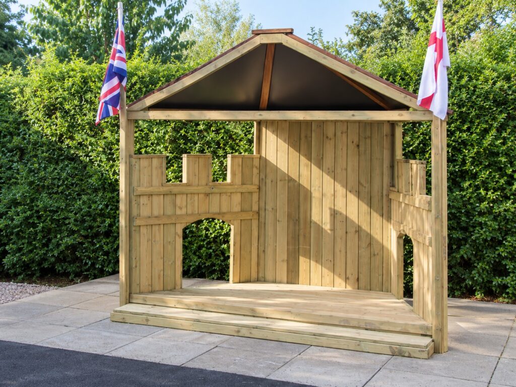 Covered playground stage with decorative side panels and arched openings