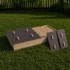 Rectangular timber sandpit half open with dark ply lid and sand