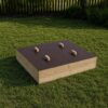 Square timber sandpit with solid timber sides and dark ply lid