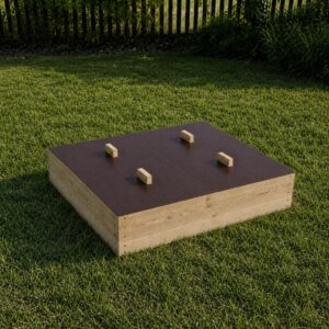 Square timber sandpit with solid timber sides and dark ply lid