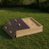 Square timber sandpit half open with dark ply lid and sand