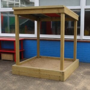 Square sandpit with pent roof
