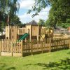 Godstowe timber multi adventure play structure with slide and gatehouse towers