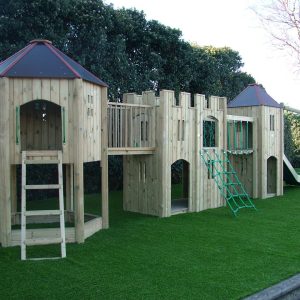 Hampton multi adventure play structure with timber towers, bridge and climbing net