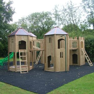 RAF High Wycombe multi adventure play area with timber towers, slide and bridge