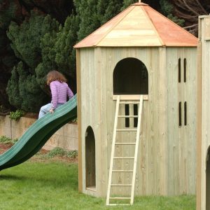 Side view of residential garden play tower and slide