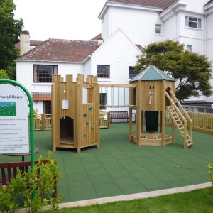 St Brelades double adventure play full view with slide bridge and climbing access