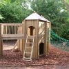 The Downs timber tower with ladder and net bridge in woodland setting