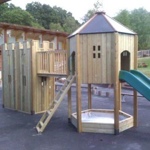 Secret Life Playground Combo double adventure play installation with gatehouse, climbing den, bridge, slide and ladders