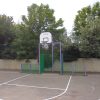 Wide view of metal multi goals in a marked ball-games area
