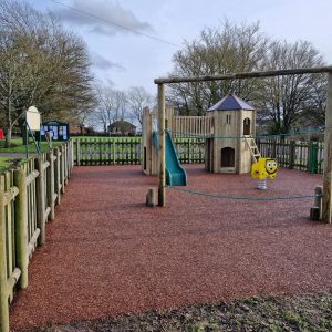 Brockley Play Area complete fenced play area with tower slide, rope play and rubber mulch surfacing