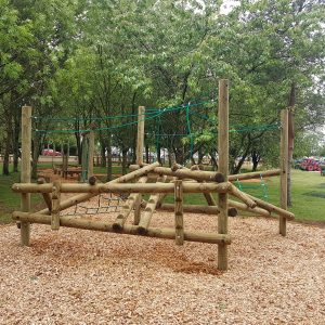 Installed clamber stack at Burford with timber climbing and balance elements