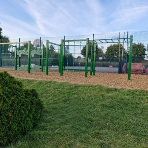 Green play frame and activity equipment at Minchinhampton School
