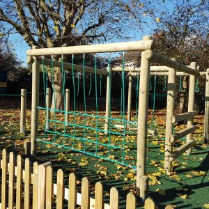 Timber rope play frame with net climbing section