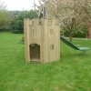 Front view of a timber playground turret with crenelated walls