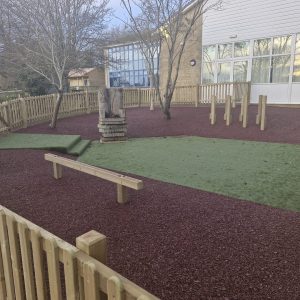 St Marys Quiet Area complete fenced quiet playground with rubber mulch, artificial grass and timber features